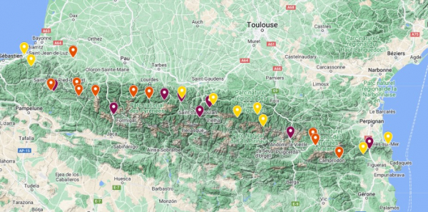 Carte des enregistreurs aux automnes 2021 et 2022. Violet : Automne 2021, Orange : Automnes 2021 et 2022 ; Jaune : Automne 2022